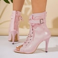 thumbnail image 5 of Rokment Women's Stiletto High Heels Combat Booties Sandals Vintage Sexy Leather Buckles Pointed Open Toe Lace up Dressy Pumps Spring Summer Shoes for Ladies Pink Size 6, 5 of 8