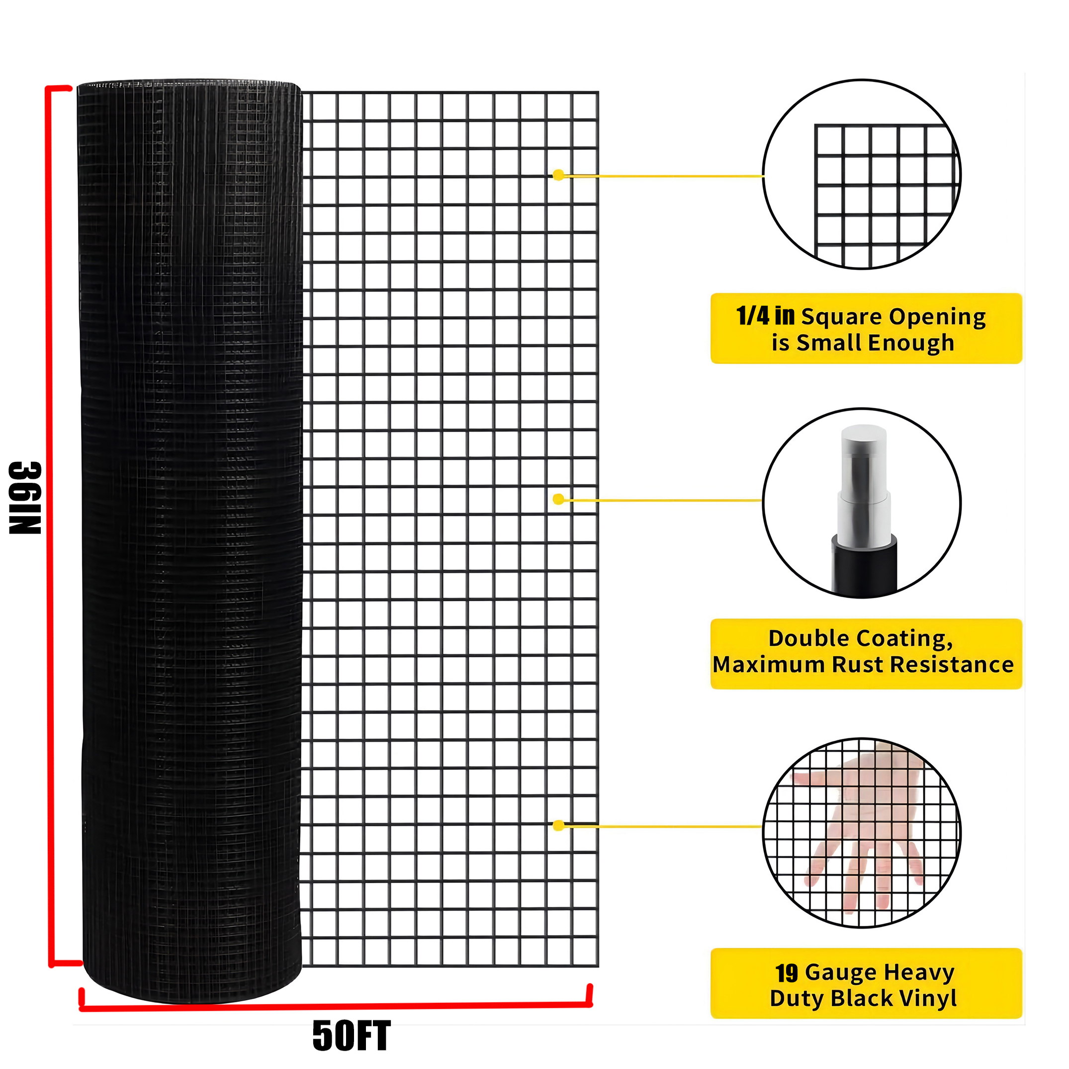 36 inch×50 ft Black Vinyl Coated Hardware Cloth 19 Gauge 1/4 inch Black PVC Hardware Cloth, Black Welded Wire Fence Supports Poultry-Netting Cage-Home Improvement and Chicken Coop