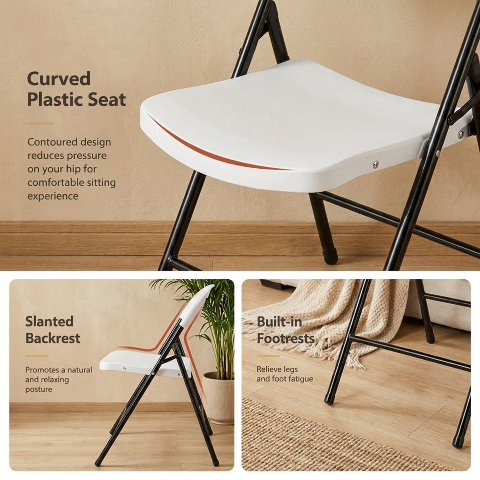 Furnibear Set of 4 Foldable Plastic Chairs with Ergonomic Backrest for Kitchen Dining Room Living Room Home, White