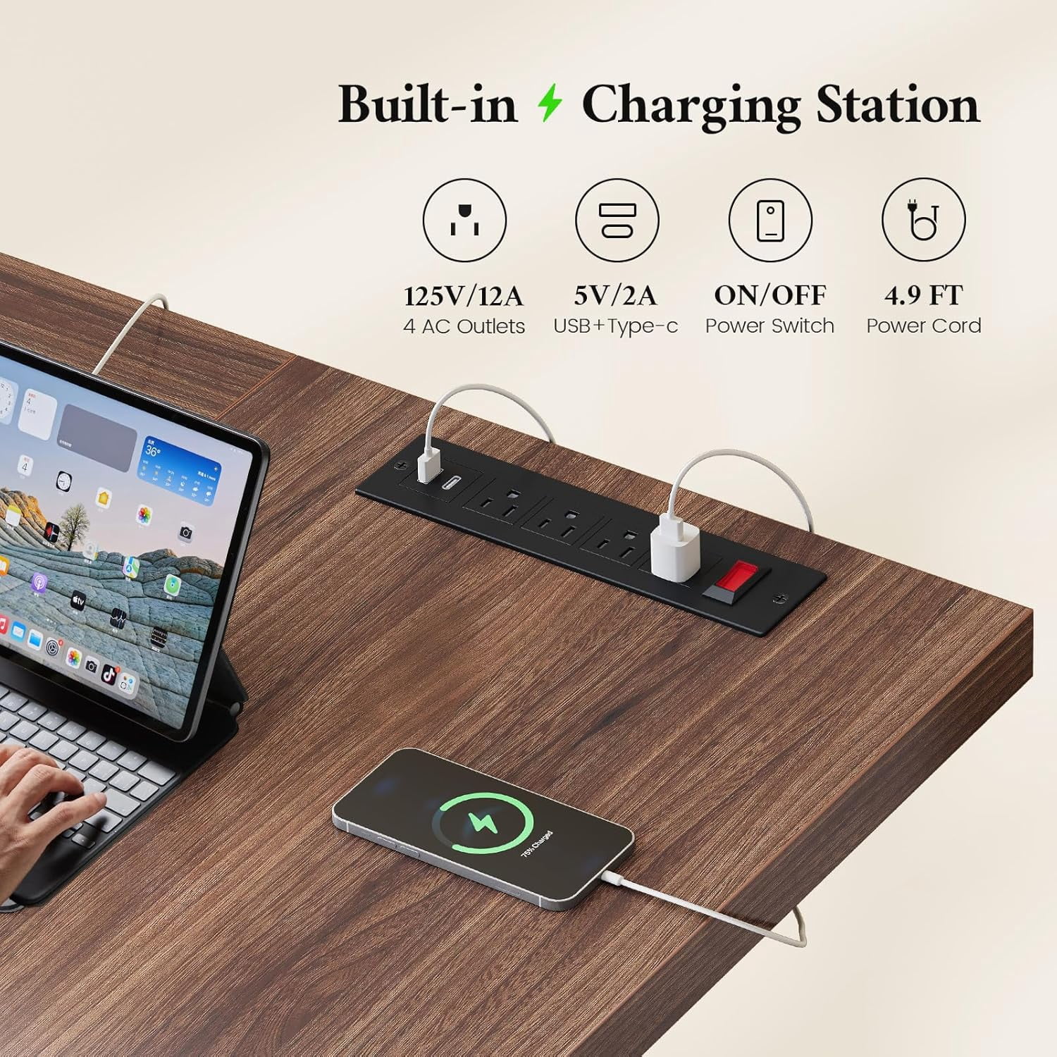 63 Inch Executive Desk with Power Outlet, Modern Computer Office Desks, Large Laptop Desk Writing Table Workstation Business Furniture for Home Office, Brown