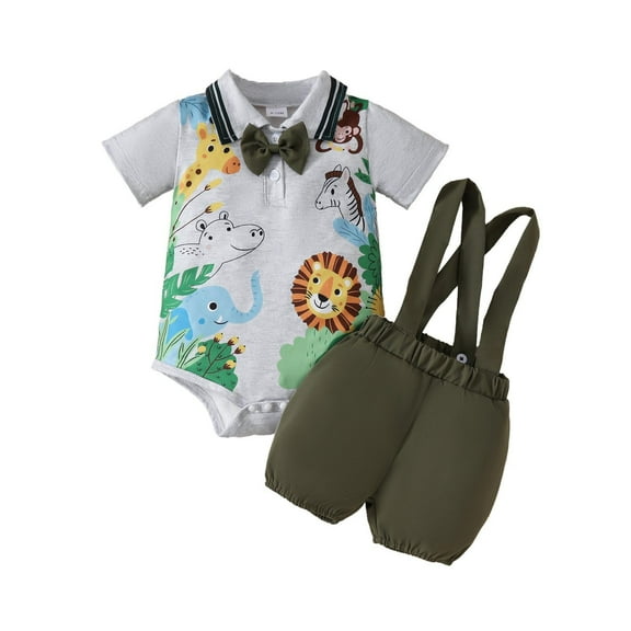 Hpapadks Baby Girl Outfit Elegant Short Sleeve Cartoon Animal Prints Romper Bodysuits Suspenders Shorts Set Baby Girl Clothes Grey 9-12 m