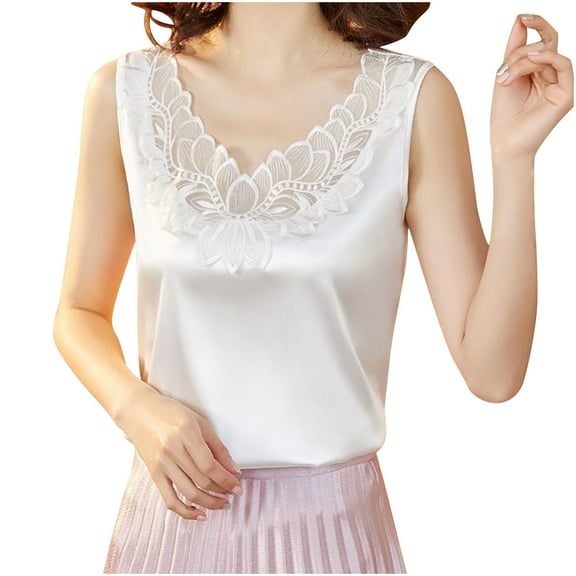 JIUKE Satin Tank Tops for Women Lace V Neck Business Casual Work Top Sleeveless Loose Comfy Dressy Blouse