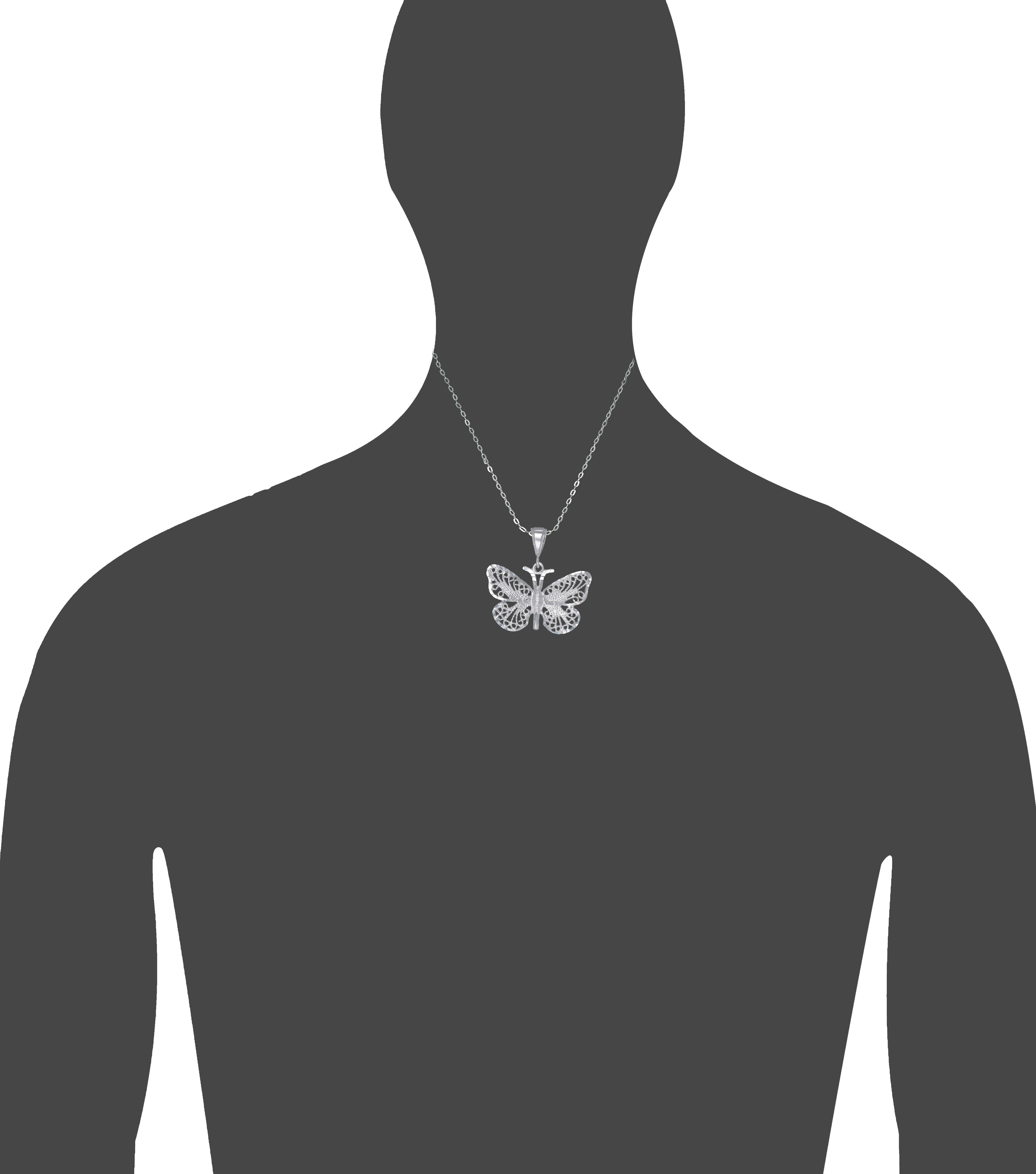 Large Sterling Silver Butterfly Charm Pendant Necklace with Diamond Cut Finish and 18 Inch Rolo Chain
