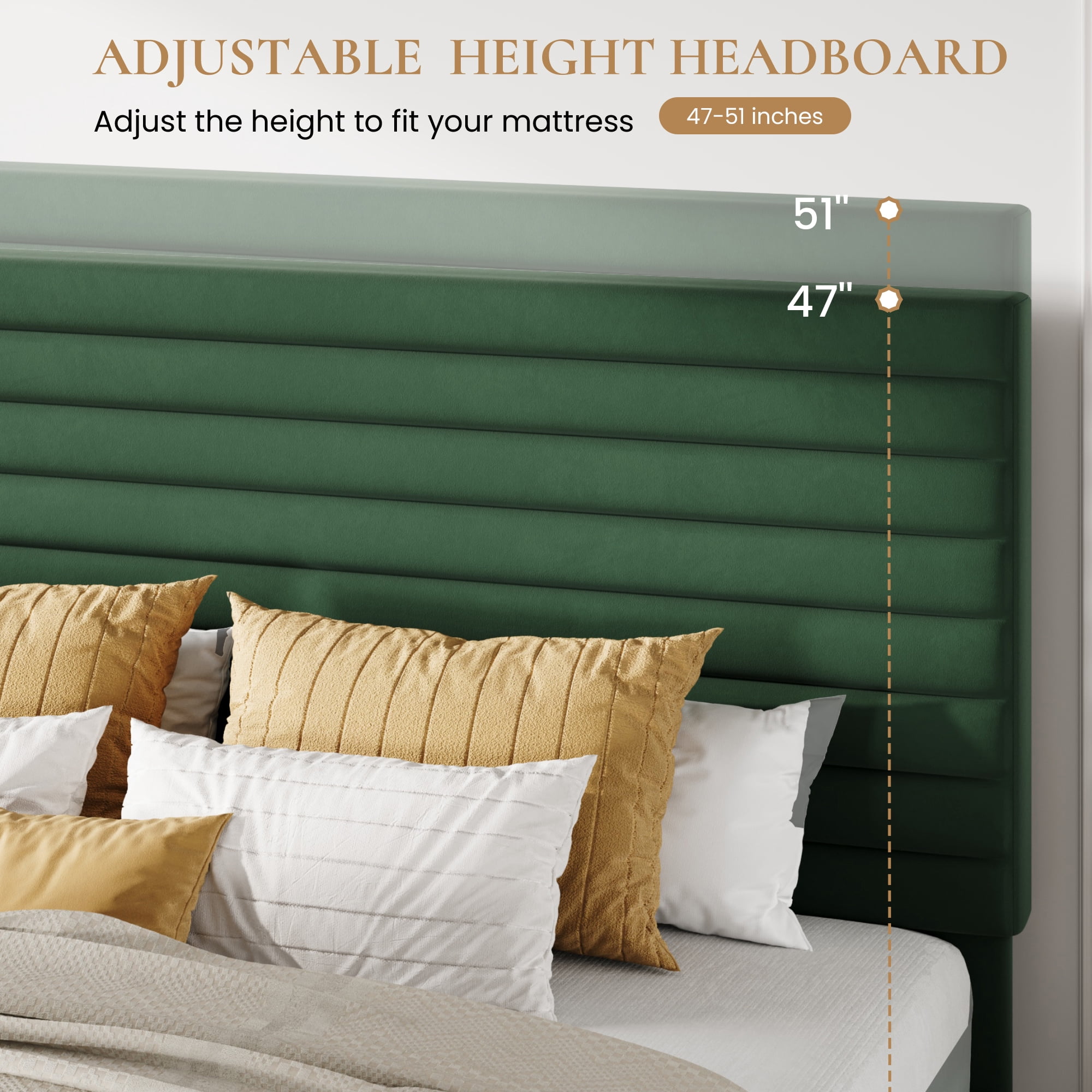 Sha Cerlin Queen Size Platform Bed Frame with Velvet Adjustable Headboard, No Box Spring Needed, Green