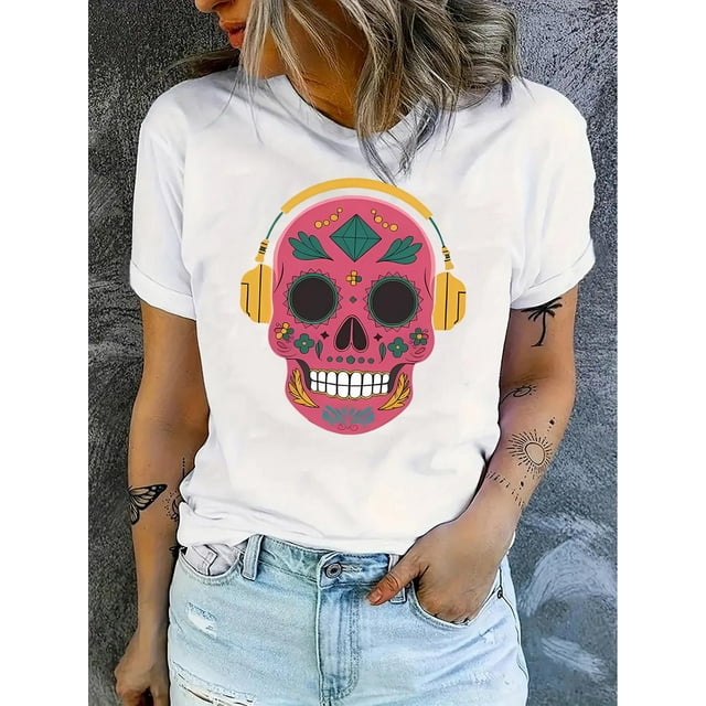 Women Crewneck Print Short Sleeve T-Shirts Summer Tees Loose Fit Graphic TopsHalloween Skull Print Comfy T-Shirt, Round Neck Short Sleeve Sports Tee, Women's ActivewearFather's Day, Mother's Day, N