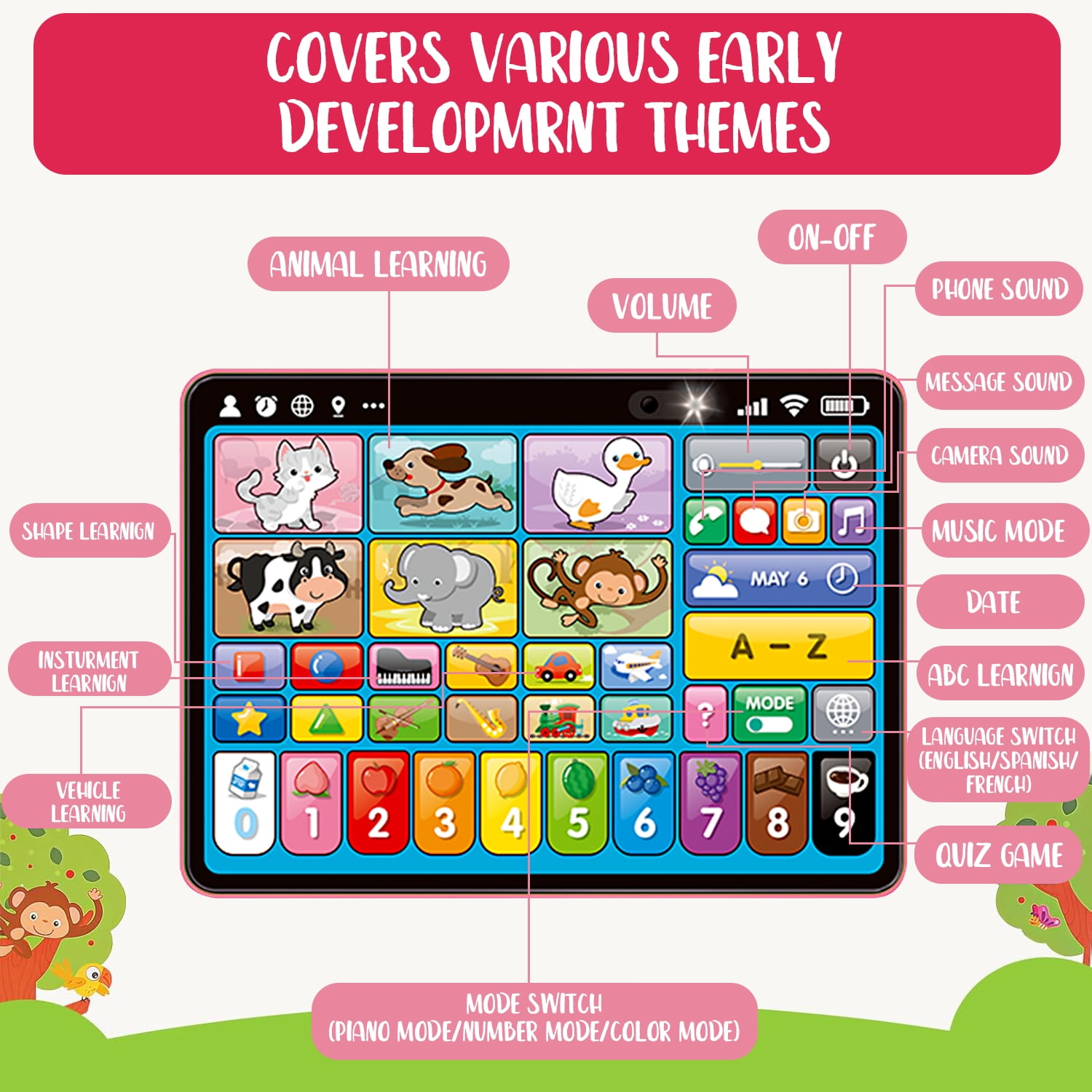 Adofi Trilingual Learning Tablet with Music and Lights Montessori Speech Therapy for Toddlers 1-3 Years