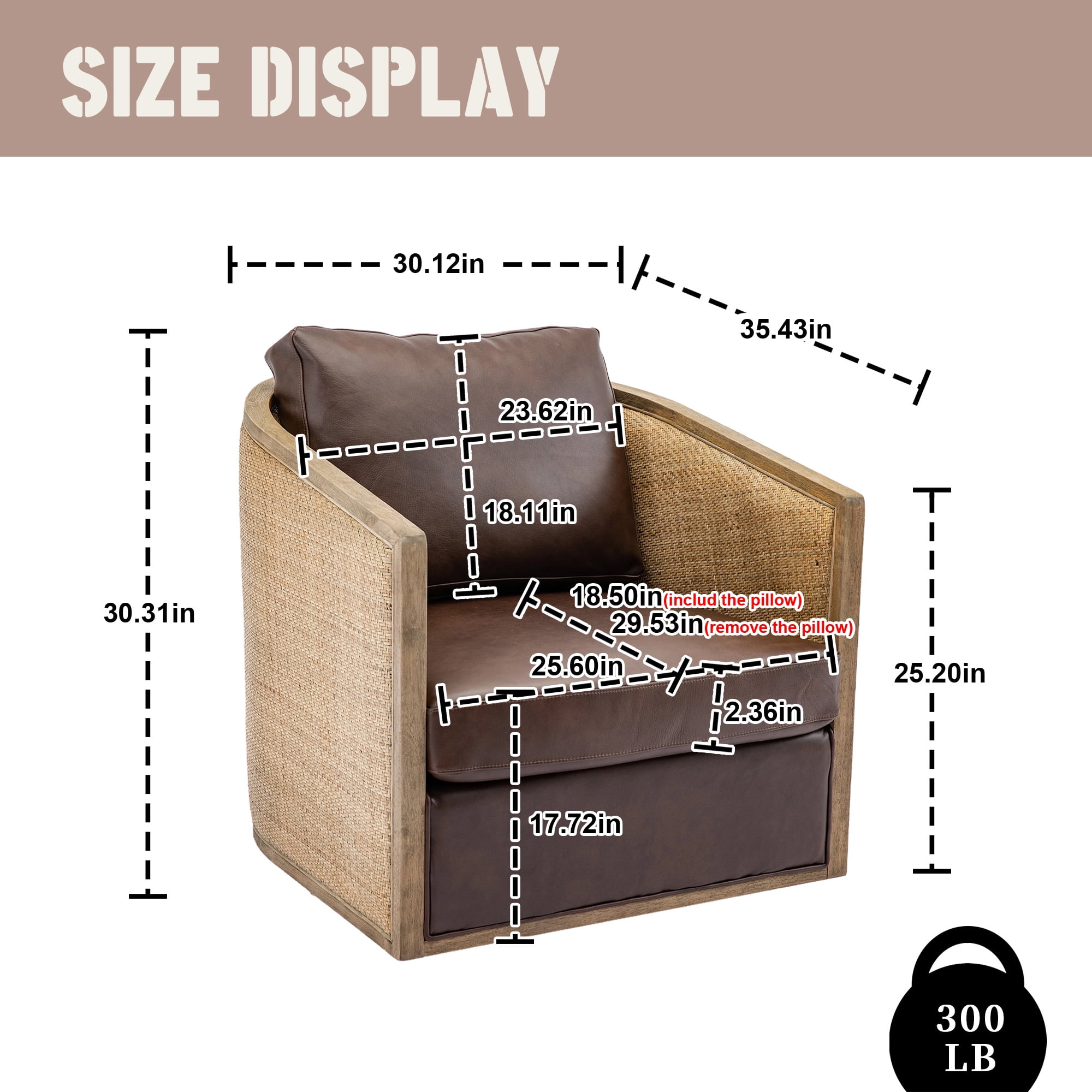 MOONMISS PU Leather Upholstered 360°Swivel Hardwood and Rattan Frame Round Barrel Chair-Brown
