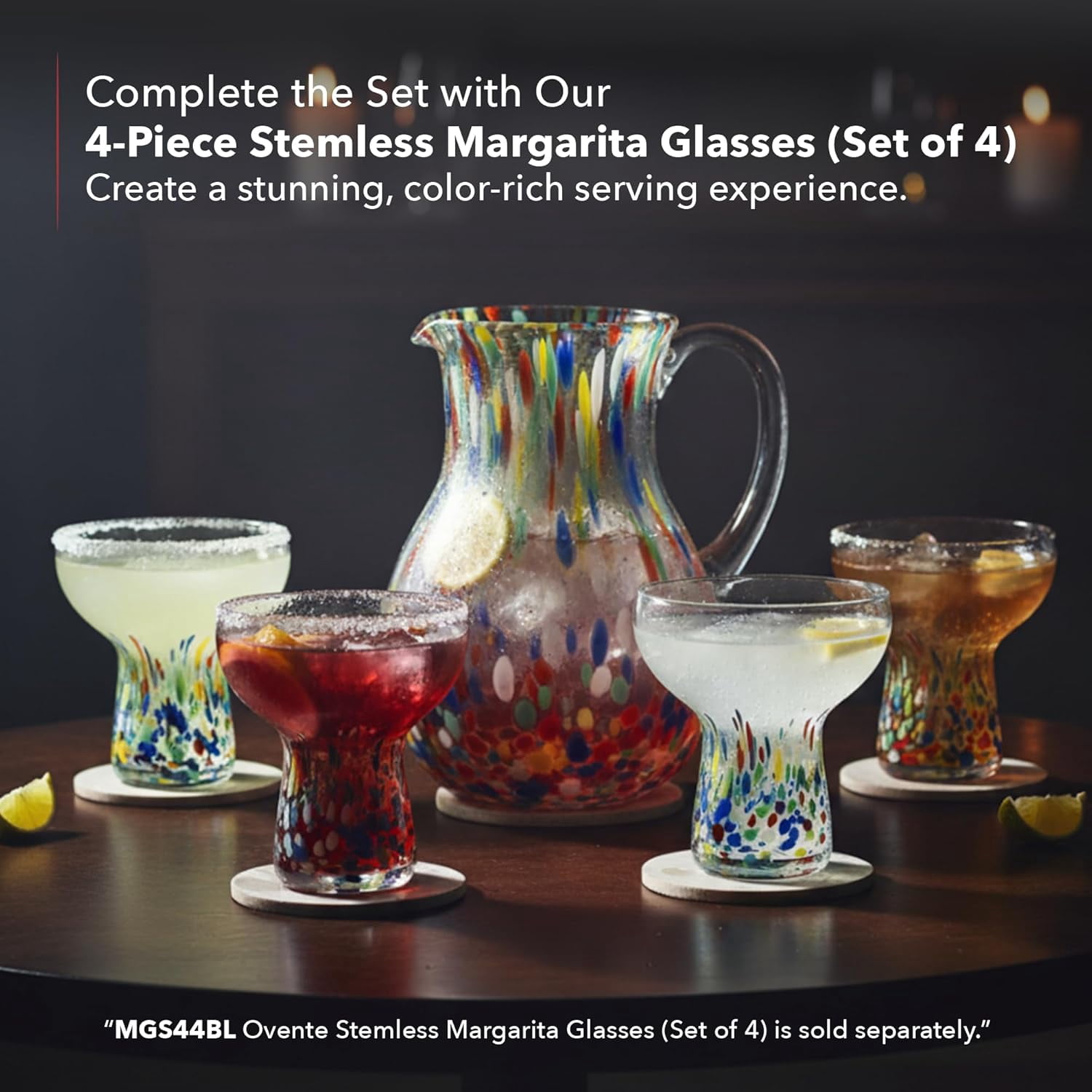 OVENTE Hand Blown Margarita Glass Pitcher with 2.5 Liter (84Oz) Capacity, Confetti Design and Sturdy Handle, Vibrant Beverage Carafe for House Party, Festivity and Family Gathering, Multicolor MGP84M