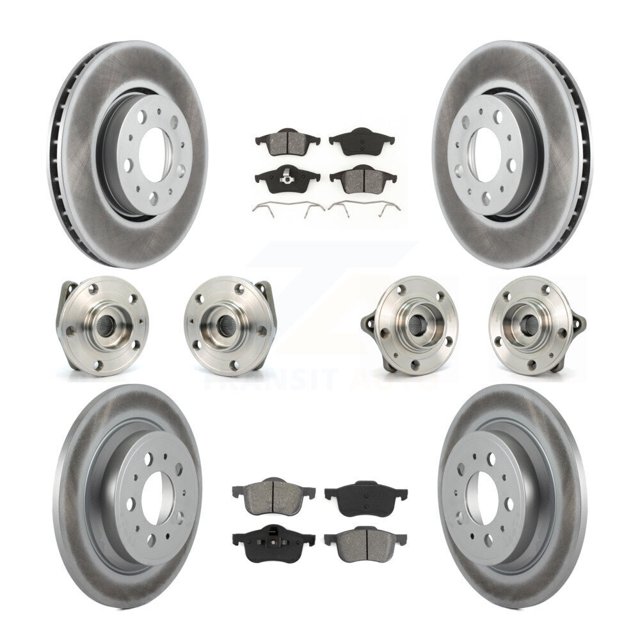 Transit Auto Front Rear Hub Bearings Assembly Coated Disc Brake Rotors and Semi-Metallic Pads Kit (10Pc) for Car Volvo S60 XC70 V70 S80 - Left Right Side (Driver Passenger) KBB-112006