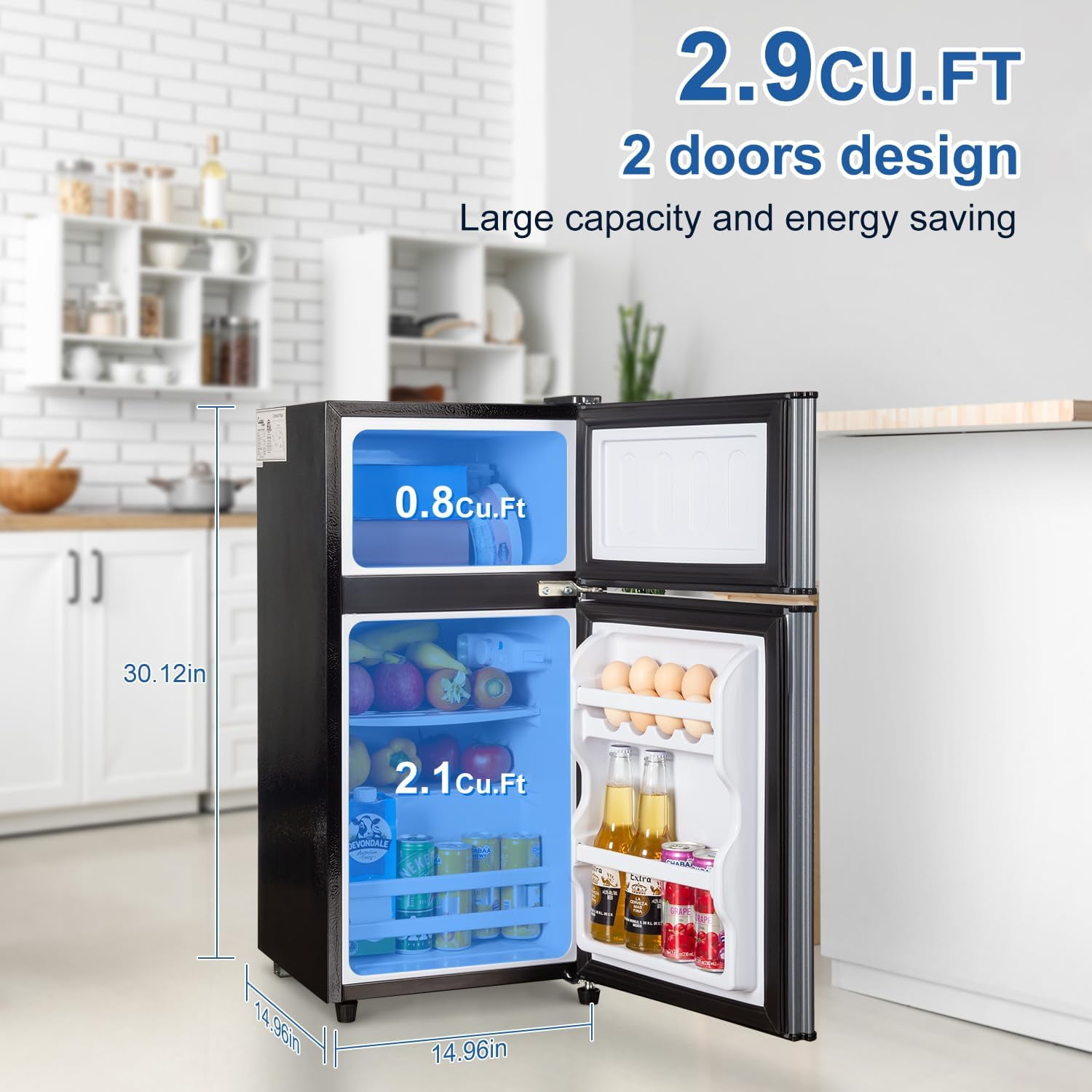 GGTB 2.5 Cu.ft Compact Refrigerators Double Door Mini Fridge with Top Freezer, 7-Level Adjustable Thermostat for Dorm Bedroom Office, Silver