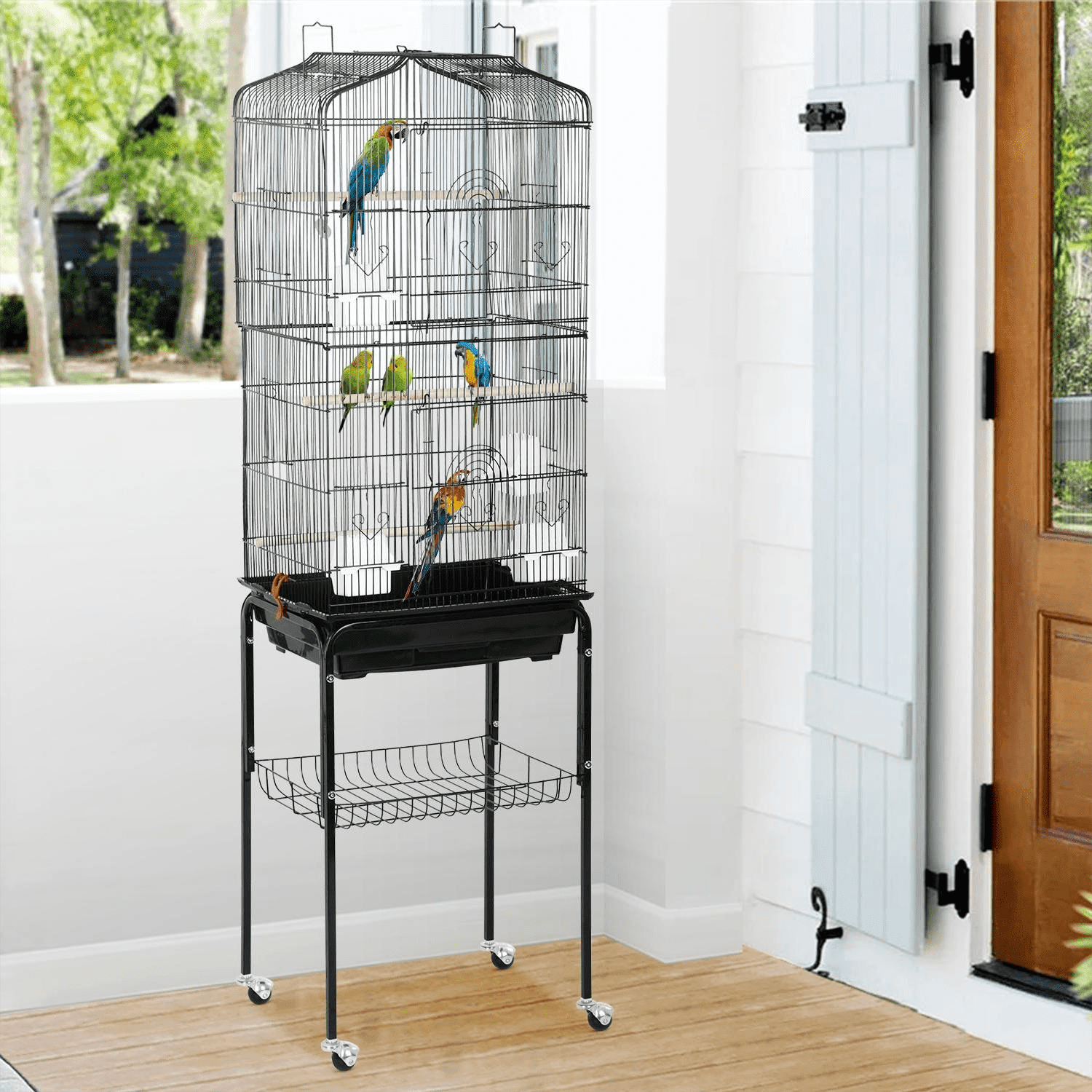 NiamVelo 64-inch Metal Bird Cage with Rolling Stand & Bottom Tray, Pet Storage Shelf Parrot Cage with Open Play Top for Lovebirds & Parakeets, Black