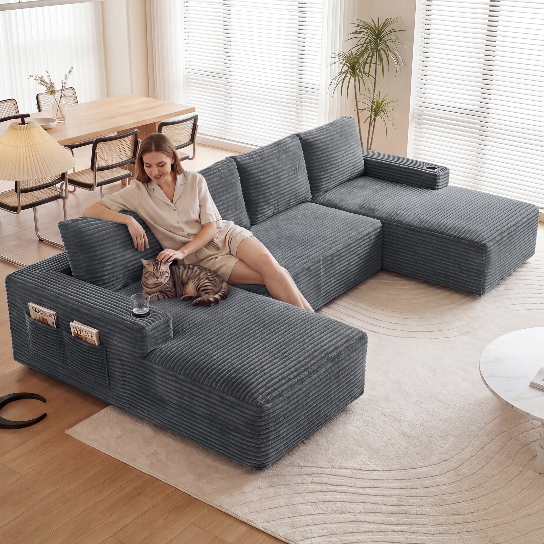 Aenkyo 133 in U-Shaped Cloud Corduroy Sectional Sofa with Cup Holders for Living Room, Cray