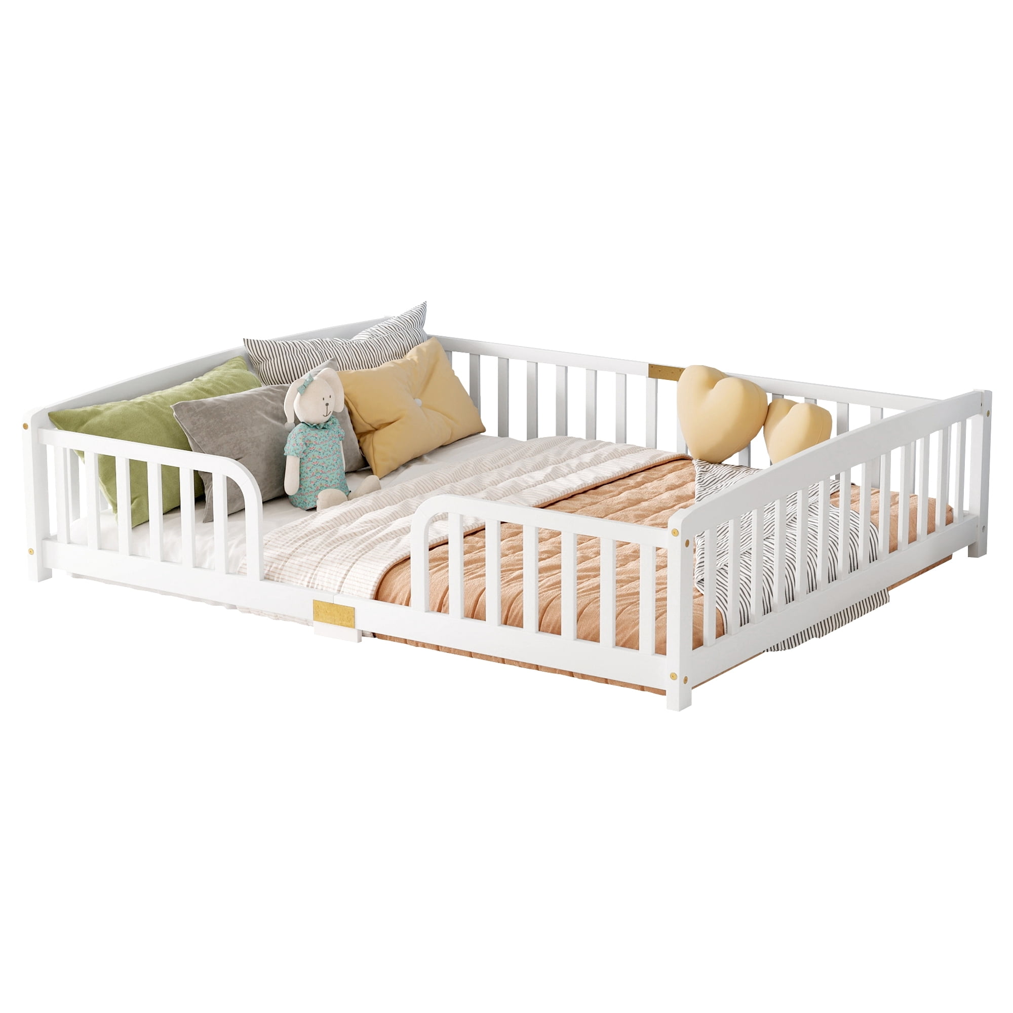 Leumius Queen Size Floor Fence Bed with Central Entrance,Pine Wood Floor bed with Guardrails,White