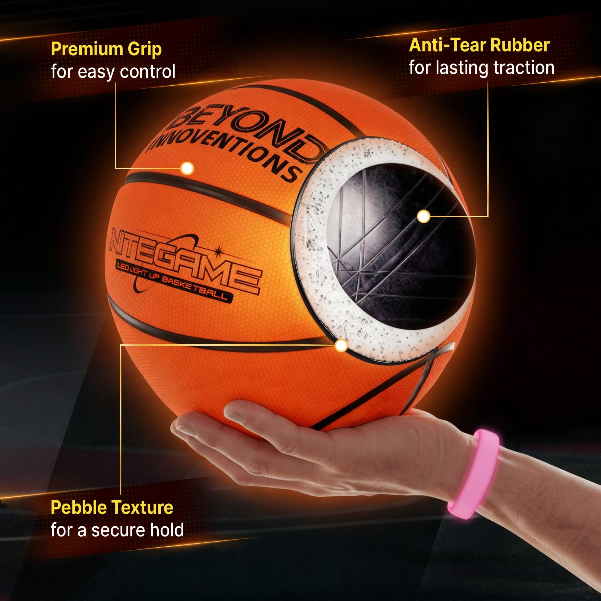 BEYOND INNOVENTIONS Glow in the Dark Basketball with 2x Light Up Bands, Official Size 7