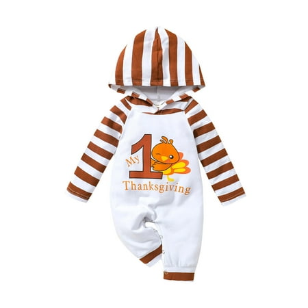 

Calsunbaby Newborn Baby Boy Girl Thanksgiving Romper Striped and Turkey Printed Hooded One-piece Jumpsuit Clothes
