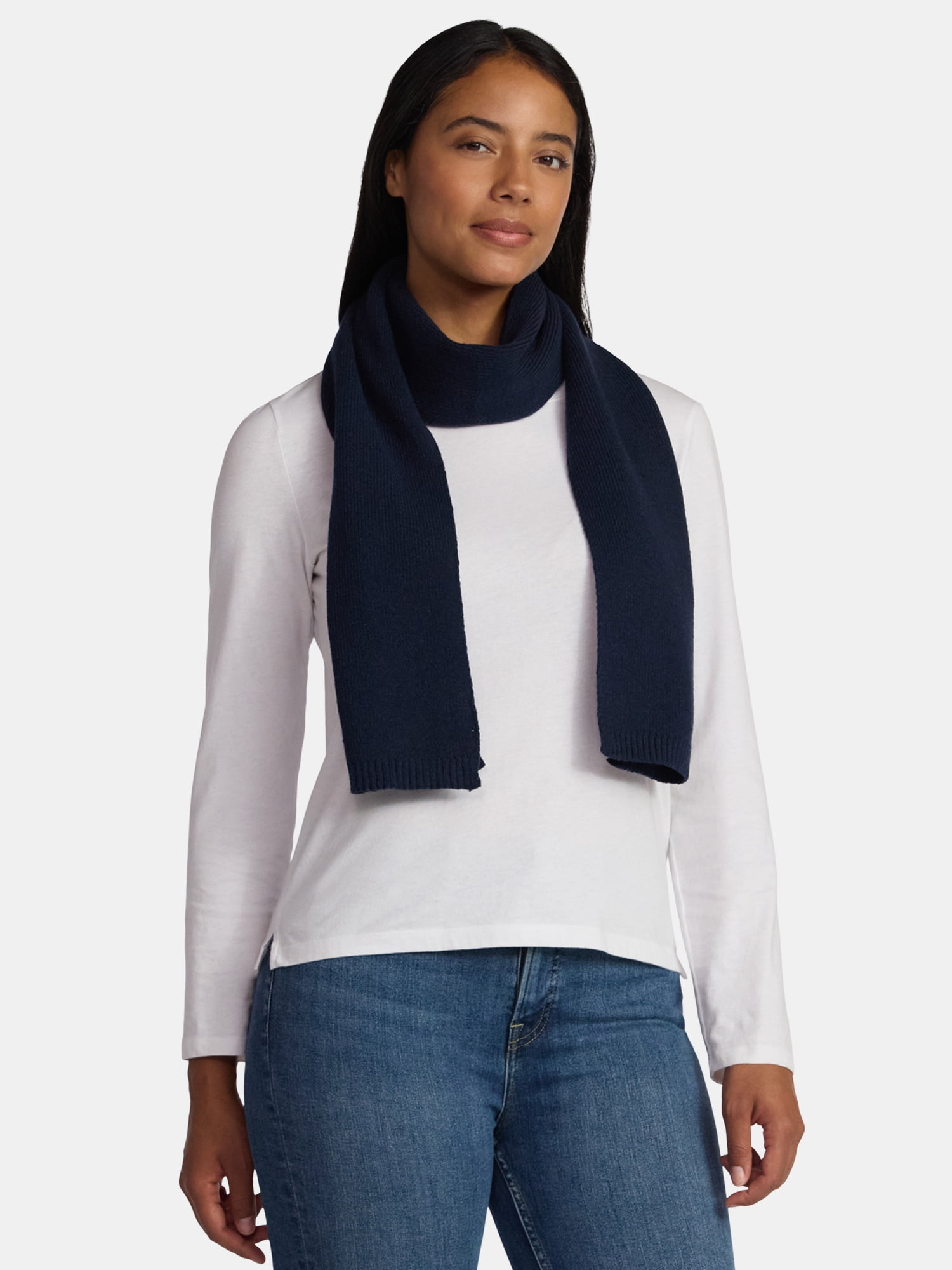 Time and Tru Women's Knit Scarf with Ribbed Trim, Dark Navy