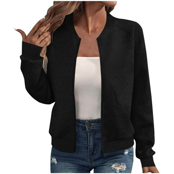 Mgmyaa Women's Bomber Jacket Casual Solid Color Pocket Long Sleeve Zip-Up Outerwear Coat