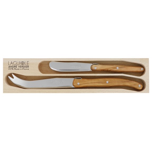 Laguiole Andre Verdier 2-Piece Cheese Set Butter/Spreader and Large Cheese Knife "Debutant Country" Olivewood Handle in Box
