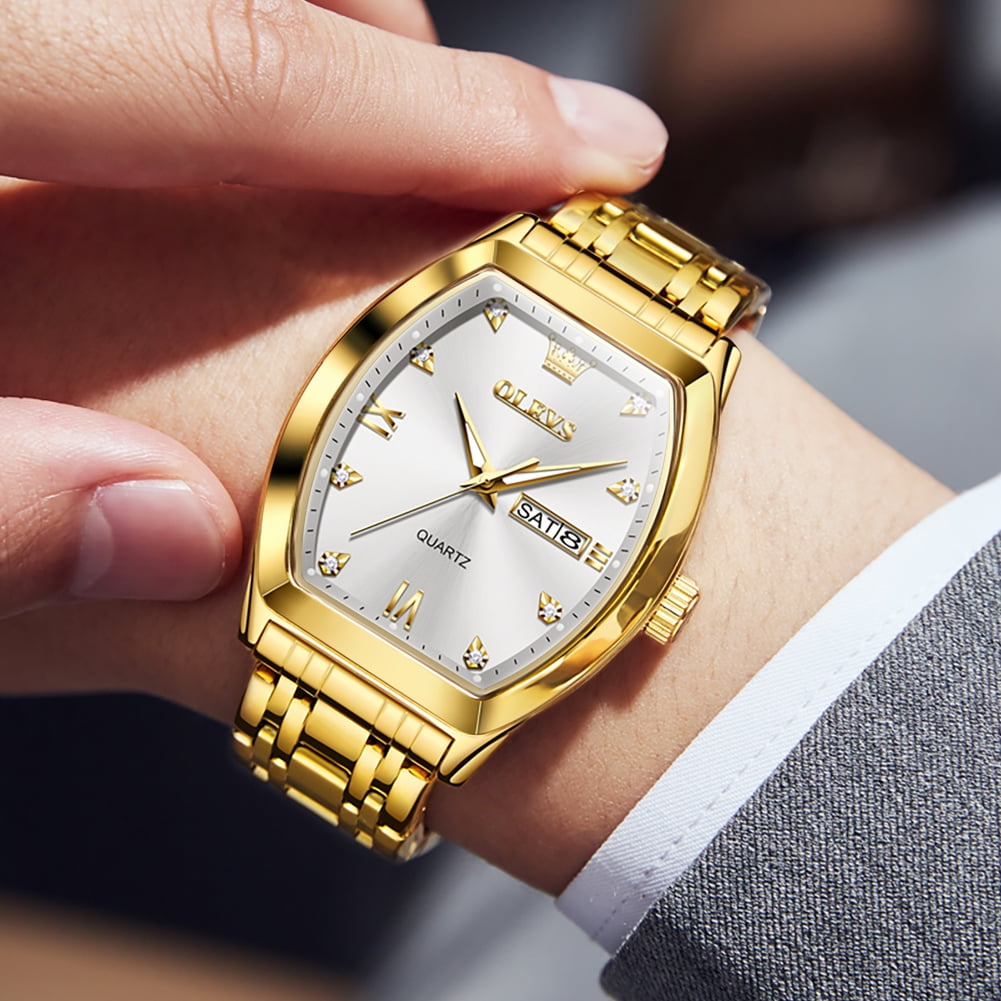 OLEVS Mens Watches Square Business Dress Diamond Analog Quartz Date Luxury Watches for Men Dress Casual Stainless Steel Waterproof Luminous Mens Wrist Watches Gifts Reloj para Hombre Gold/Black Dial