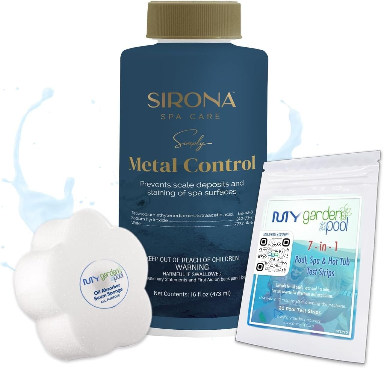 Sirona Simply Hot Tub Full Kit: Metal Control, Waterline, Oxidizer, Sanitizer with My Garden Pool Test Strips, Scum Sponge Flower Oil-Absorbing Sponge and Measure Cup for Hot Tubs and Pools
