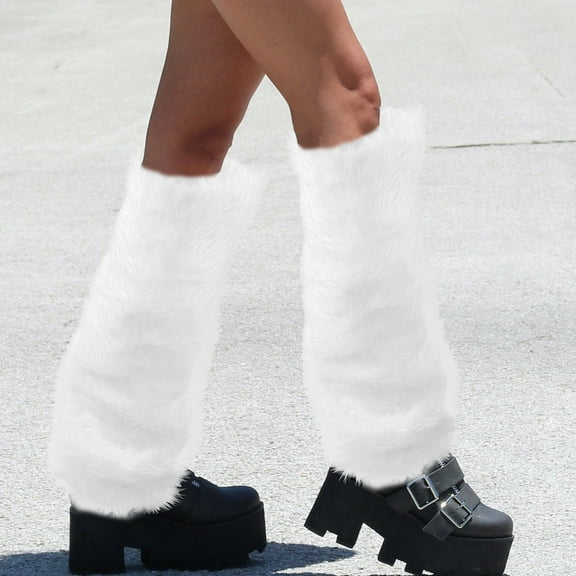 RENACLIPY 1 Pair Women Fuzzy Leg Warmer White Pleuche Fabric Warmth Festive Celebration Fashionable Design
