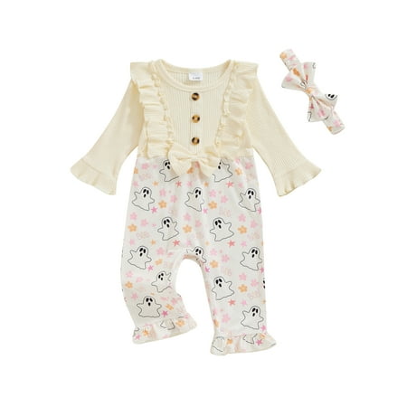 

ESASSALY Baby Girl Halloween Outfit Ghost Print Long Sleeve Romper Bow Headband