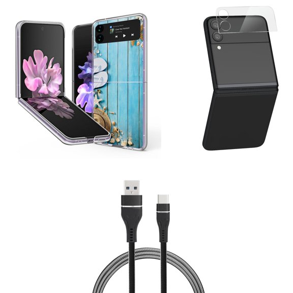 Bemz Premium Bundle for Samsung Galaxy Z Flip 3 5G: Slim Snap-On Protector Case (Blue Sea Shells), Rear Camera Glass Protector, Nylon Braided USB-C to USB-A Cable (3 Feet)