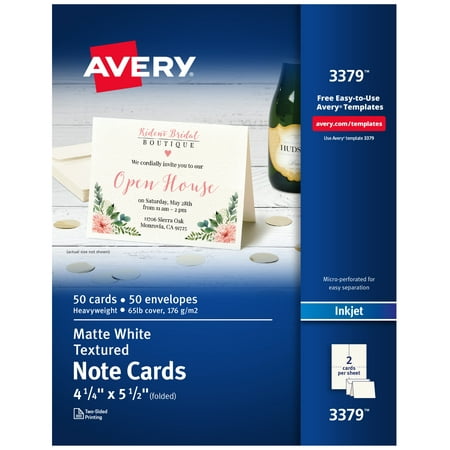 Avery Printable Note Cards with Envelopes, 4.25" x 5.5", Textured White, 50 Blank Note Cards for Inkjet Printers (3379)