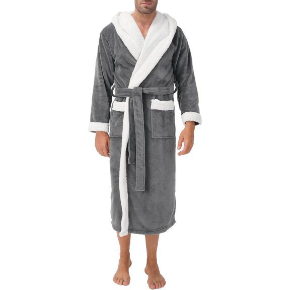 Men's Soft Fleece Plush Full Length Long Bathrobe in Dark Grey Double Bonded Velvet Large