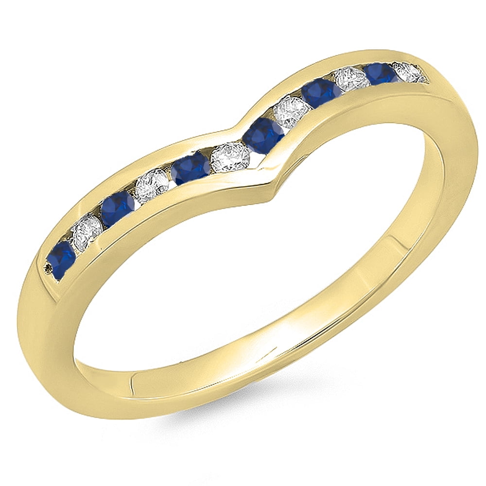 Dazzlingrock Collection 10K Gold White Diamond & Blue Sapphire Wedding Stackable Band Anniversary Guard Chevron Ring