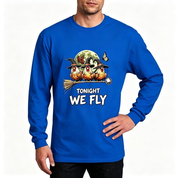 TKKCS Mens Halloween Graphic Long Sleeve T Shirt Funny Chicken Witch Broom Print Casual Crew Neck Novelty Tees Blue XL