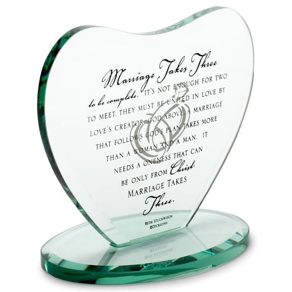 Marriage Takes Three Heart Shaped Black Letter 7 x 7.5 Glass Table Top Sign Plaque