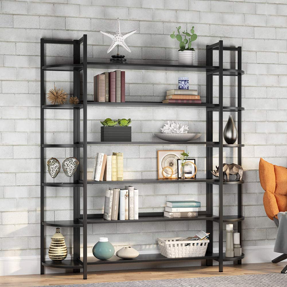 6-Tier Open Bookcases Furniture Black Triple Wide Bookshelf for Home Office Deco 