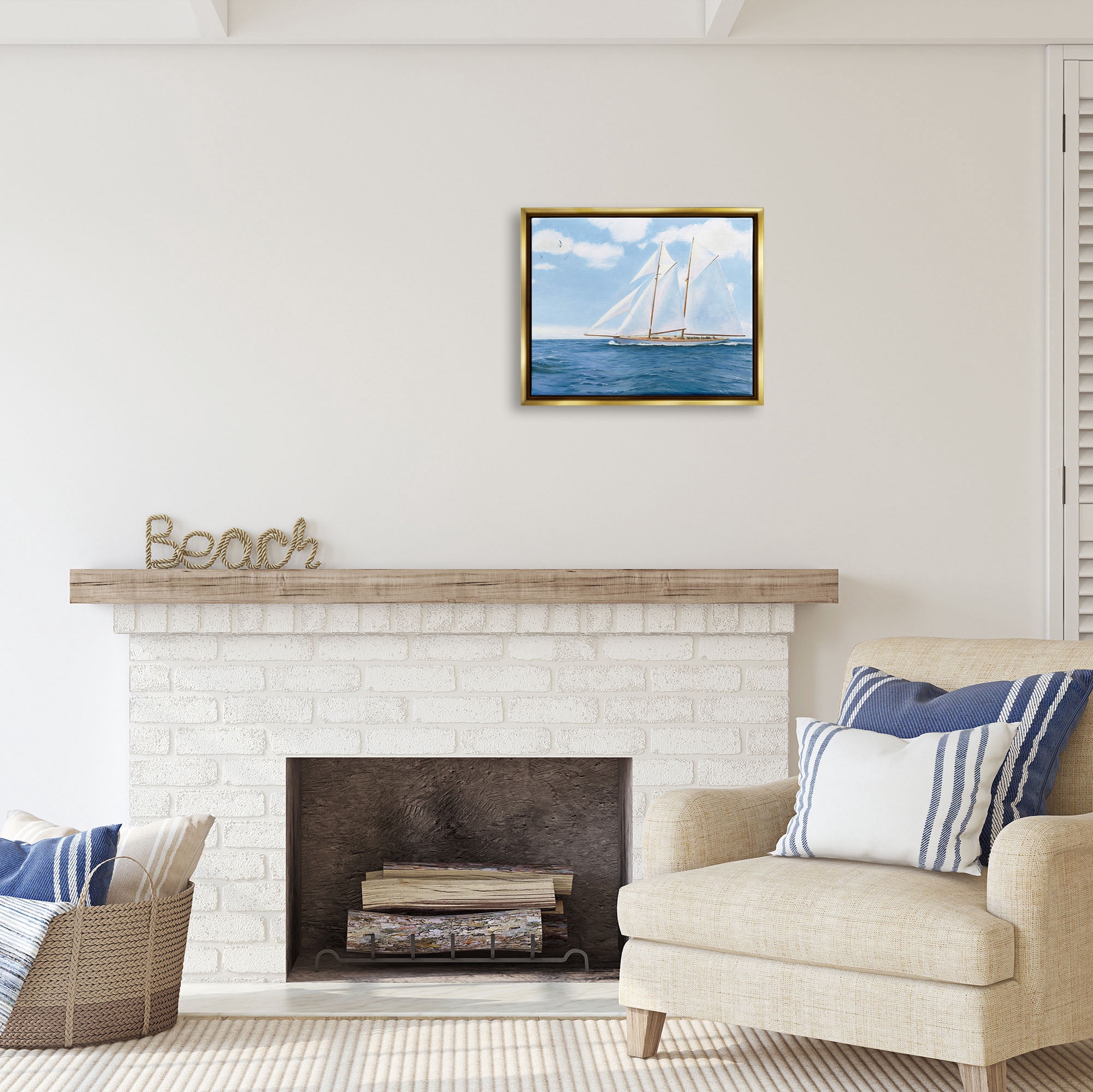 Stupell Industries Blue Nautical Sailboat Transportation Painting Gold Floater Framed Art Print Wall Art, 21 x 17