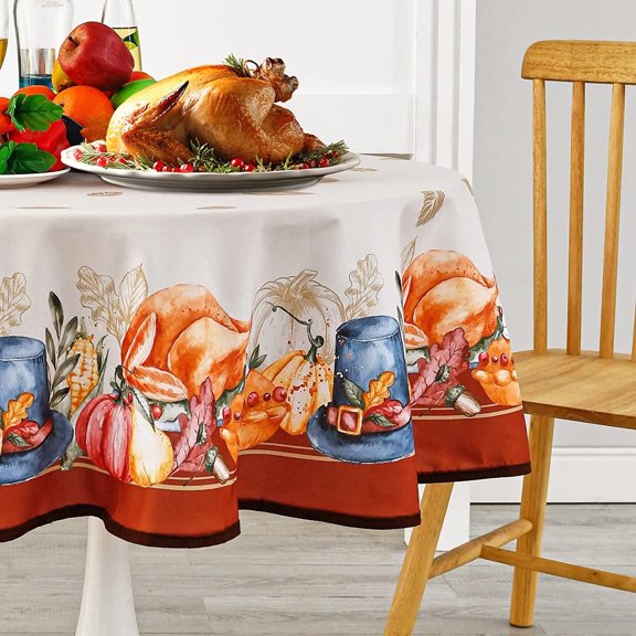 Thanksgiving Round Tablecloth for Holiday - Fall Tablecloth Turkey Pumpkin Pattern Table Cloth, Decorative Table Cover for Banquet Party Kitchen Dining Room, 60 Inch