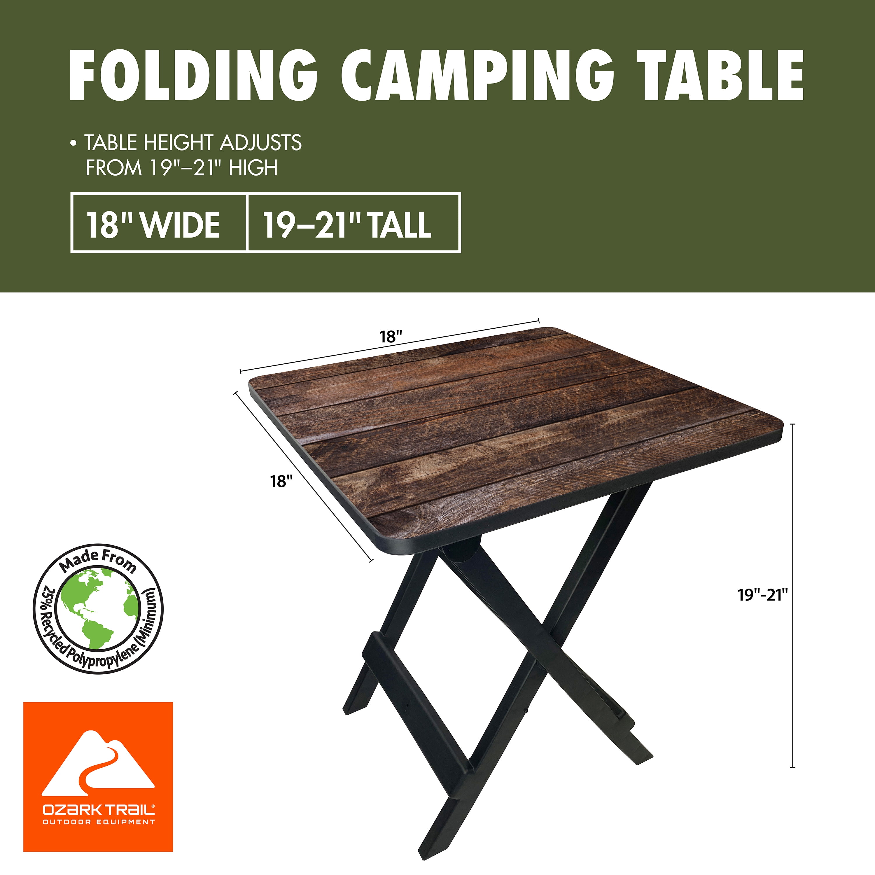 Ozark Trail 19-inch Plastic Folding Outdoor Camp Side Table, Brown Wood Print