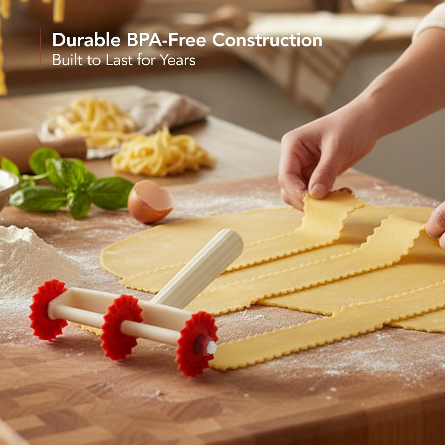 OVENTE Ravioli Pasta Roller Cutter, 6.4"L x 1.5"W x 5.55"H, Red ACPPA7100R | Removable Wheels, BPA-Free Slicer Perfect for Homemade Dough for Cooking Noodle, Baking Pastry, Cookie or Brownie