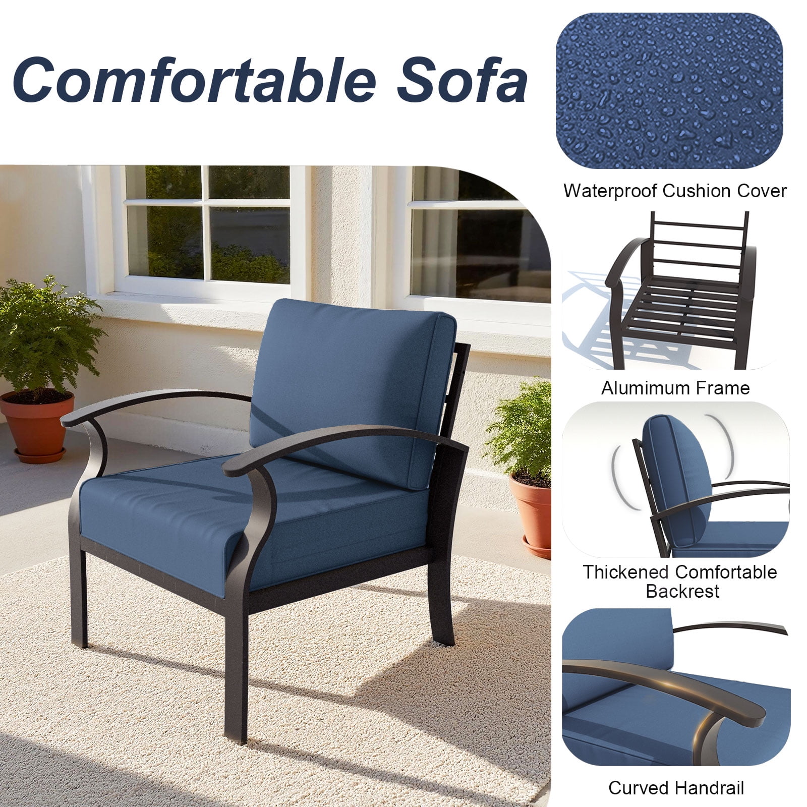 ALAULM Aluminium Patio Furniture Set with Swivel Chairs, 9-Seater Metal Outdoor Furniture Patio Sectional Sofas Patio Conversation Set with 2 swivel chairs For Patio, Backyard, Poolside - Navy Blue