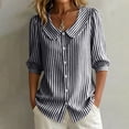 thumbnail image 3 of Women's Striped Shirt with Pan Collar, 3/4 Puff Sleeve Button Down Casual Blouse, 3 of 8