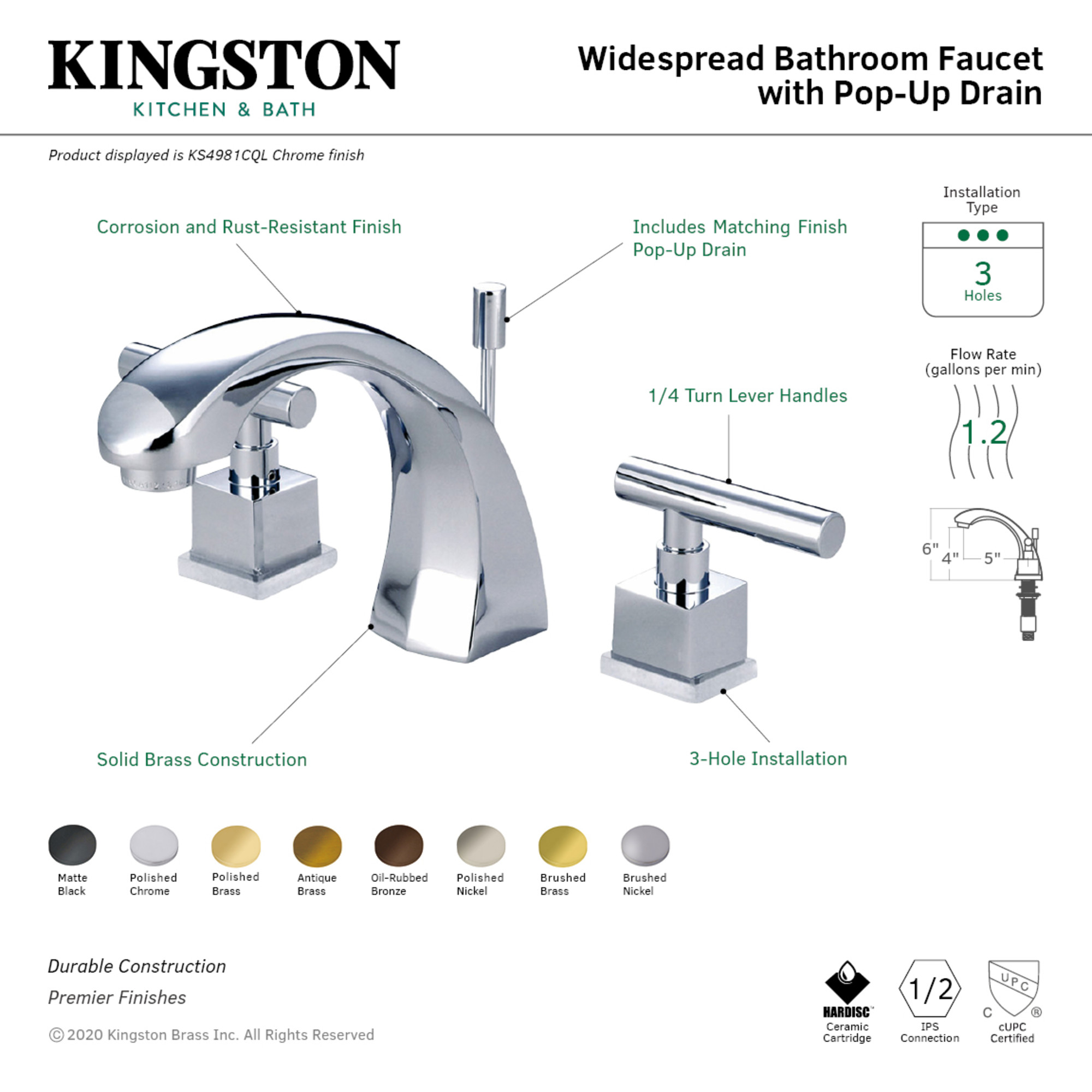 Kingston Brass KS4980CQL Claremont Widespread Bathroom Faucet with Brass Pop-Up, Matte Black