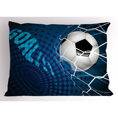 Sam Football - Soccer Pillow Sham Goal Football Flying into Net Abstract Dots Pattern Background European Sport, Decorative Standard Queen Size Printed Pillowcase, 30 X 20 Inches, Blue Black White, by Ambesonne