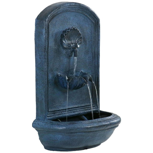 Sunnydaze 27"H Solar Only Polystone Seaside Outdoor Wall-Mount Water Fountain, Lead Finish