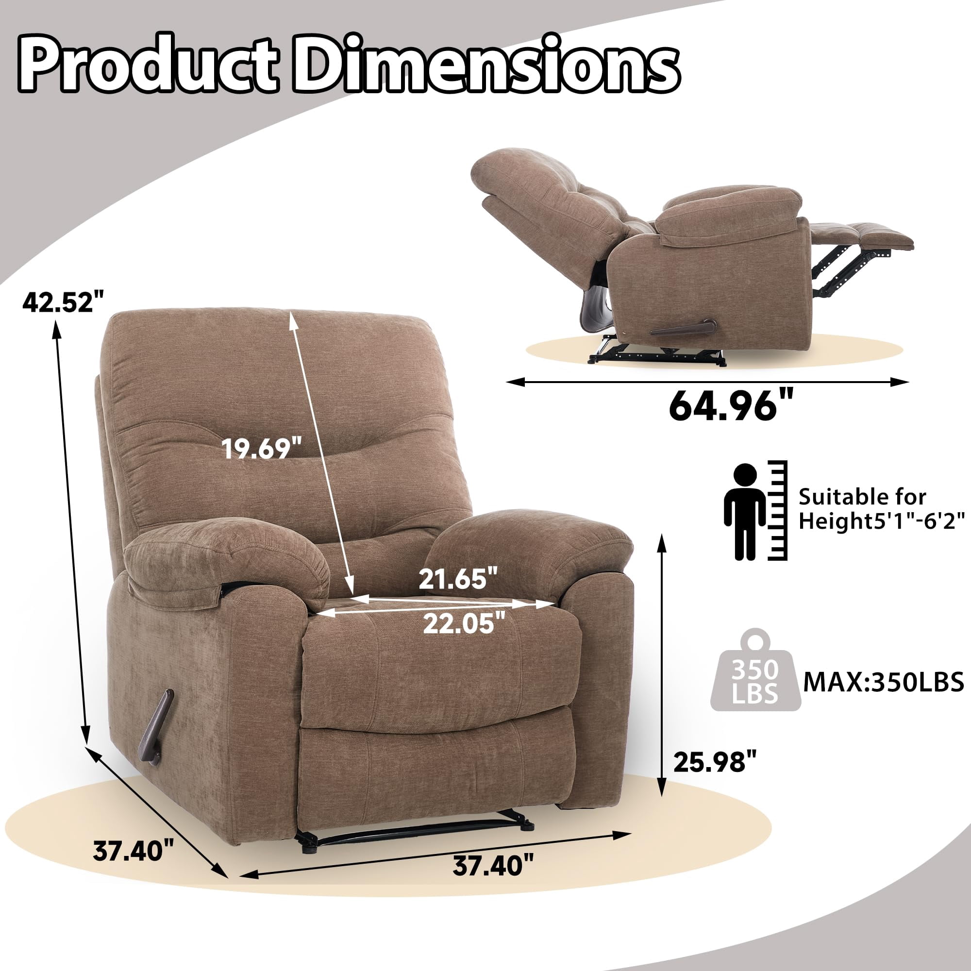 Brown Overstuffed Lounge Chair with Footrest Extra Large Recliner Chair with 22-Inch Wide Seat, Manual Reclining Lounge Chair with Footrest, Comfortable Living Room Accent Recliner