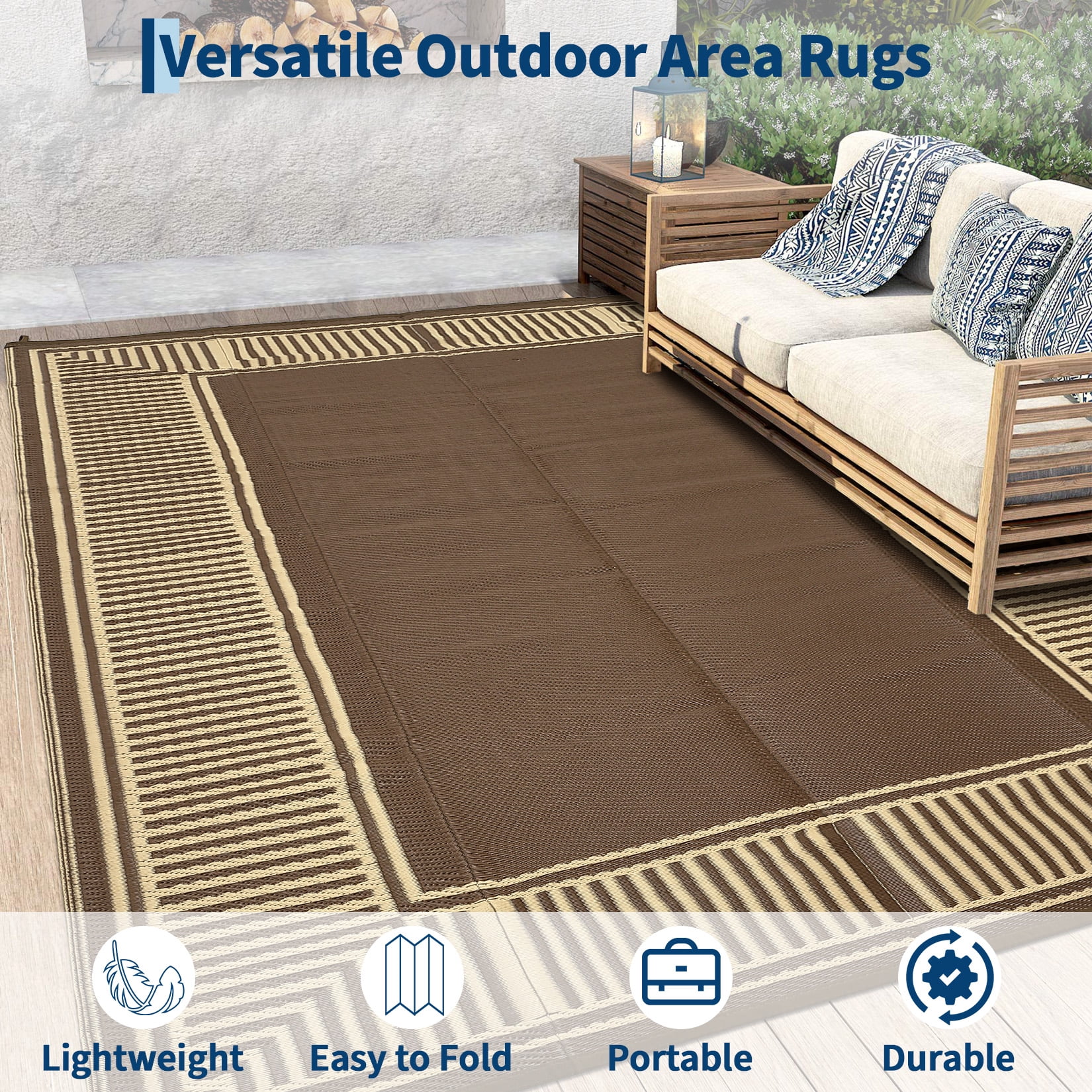 HIWEAVER 10' x 14' Brown Outdoor Rug PP Plastic Straw Woven Waterproof Patio Rug with Border Portable Outside Carpet for Balcony Deck Picnic Garden Decor