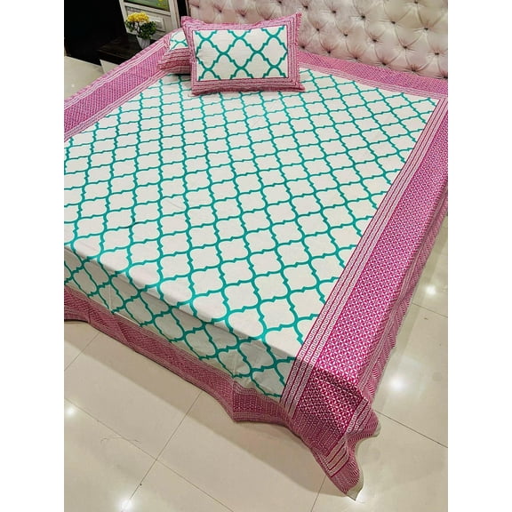 Indian Cotton Bedspread King Size with Pillow Covers – Ethnic Floral Print Bedding Set(Pink)