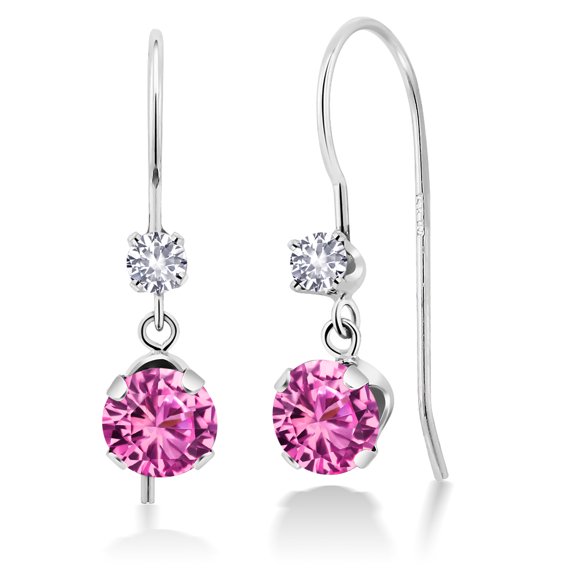 Gem Stone King 14K White Gold Pink Created Sapphire and White Created Sapphire French Wire Dangle Hook Earrings for Women (1.20 Cttw, Gemstone September Birthstone, Round 5MM and 2.5MM)