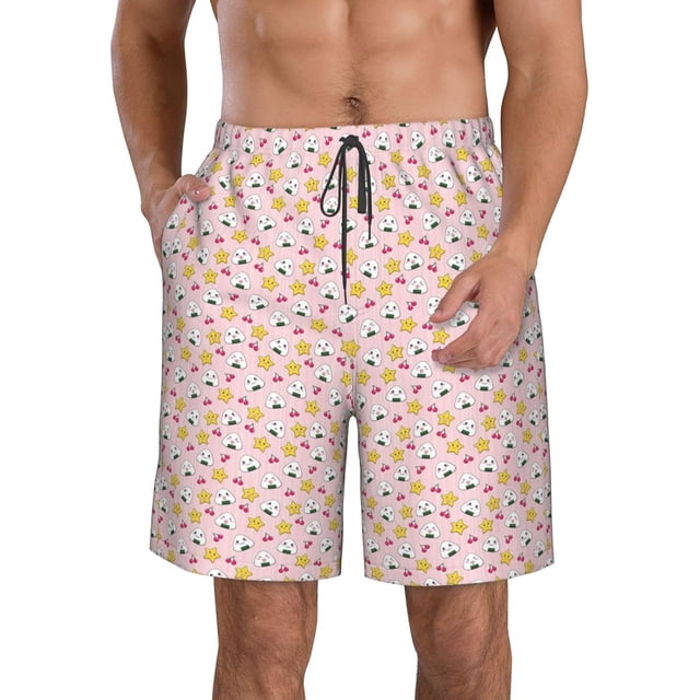 Faty-T Lovely Rice Ball print Men's Beach Shorts Elastic Waist Drawstring Lightweight Summer Casual Shorts with Pockets