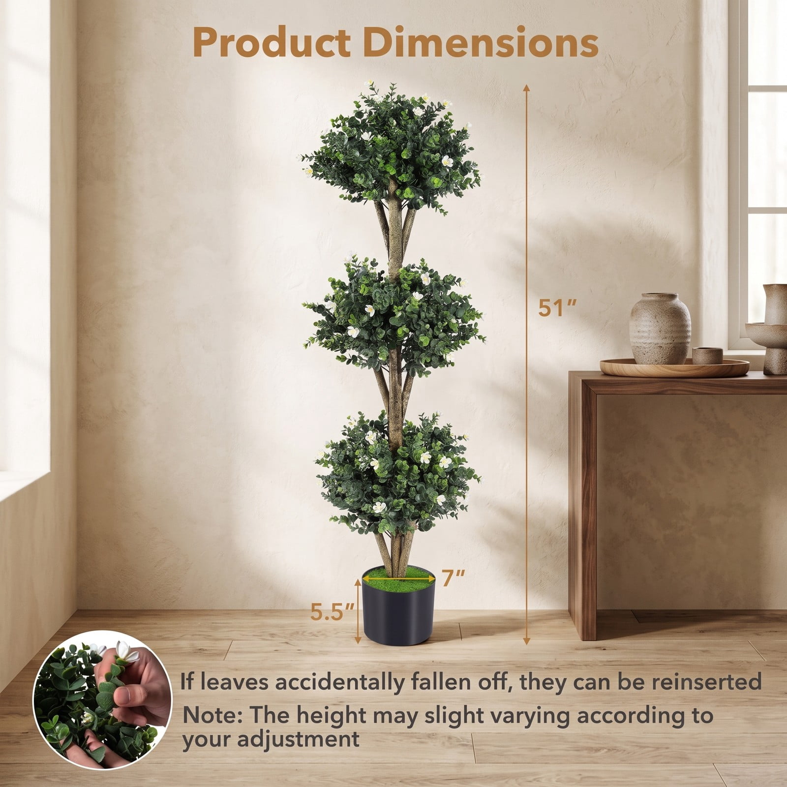 Fenbeli 51 Inch Artificial Triple Ball Boxwood Topiary Tree with 59 White Blossoms, Faux Potted Boxwood Plant with Cement-Filled Pot for Indoor Outdoor Front, White