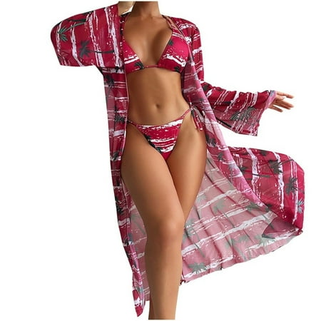 Burgundy Wine Sexy Hawaiian Seamless Triangle 2 Piece with Slit Kimono Cover Up Set for Women Top Swimsuits Bikini Tankini Kimono Cover Up Shorts Sets Ladies L