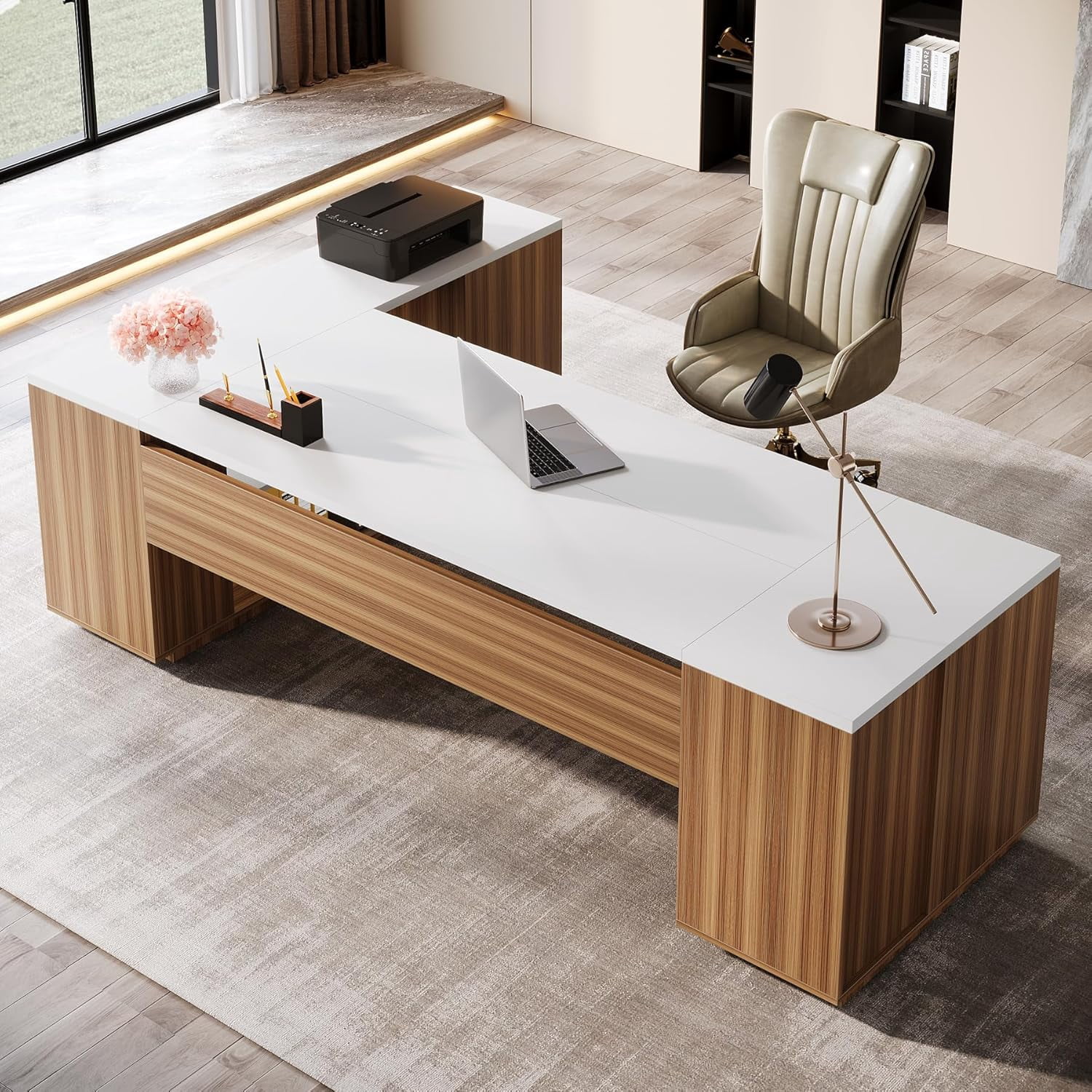 Tribesigns 85.8" L-Shaped Executive Desk, Extra Large Office Desk with File Drawers, Modern Business Furniture with Door Cabinet, Shelves for Home Office, White & Brown